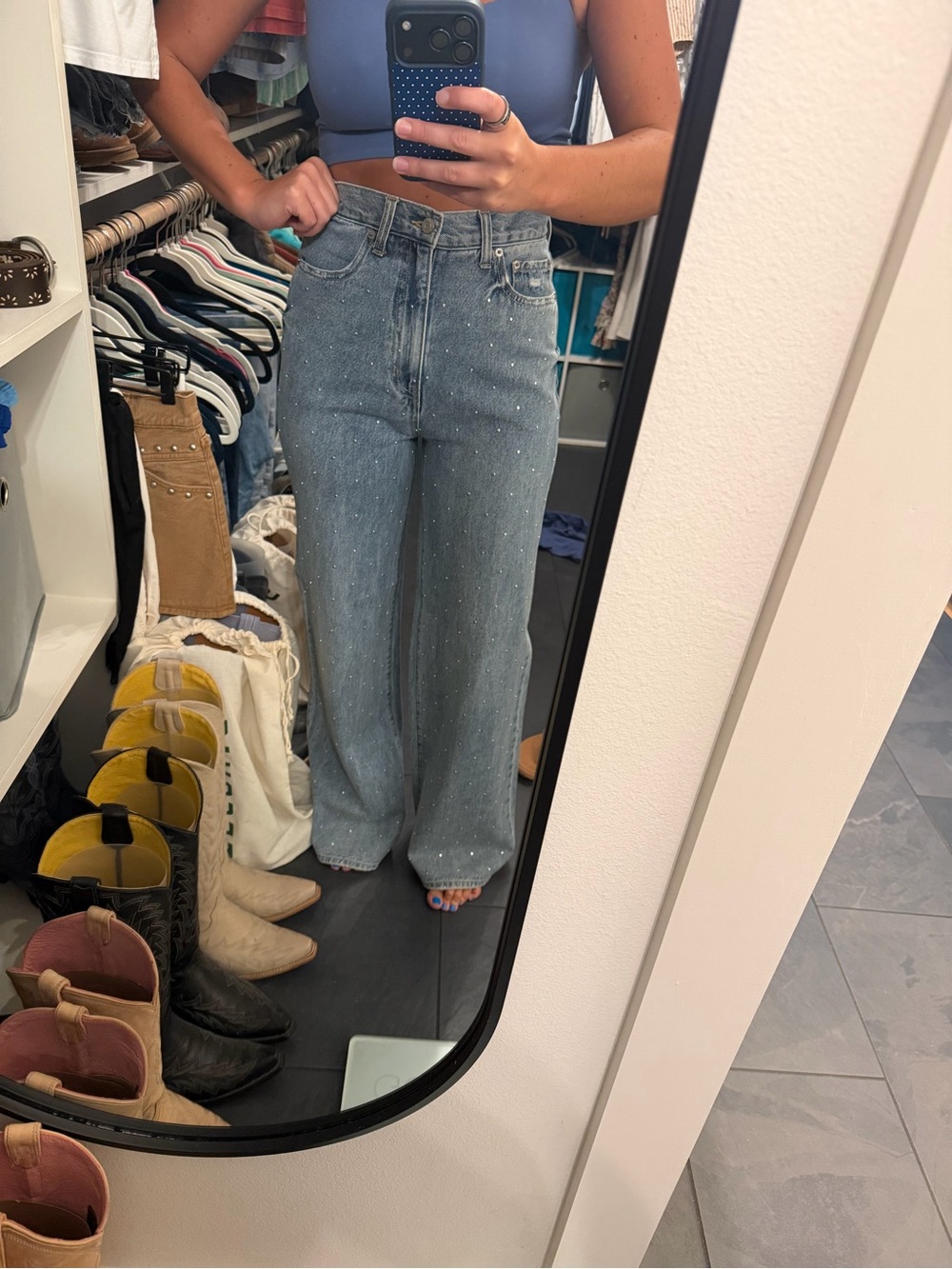 High-Rise Wide-Leg Jeans with Subtle Sparkle - Light Blue